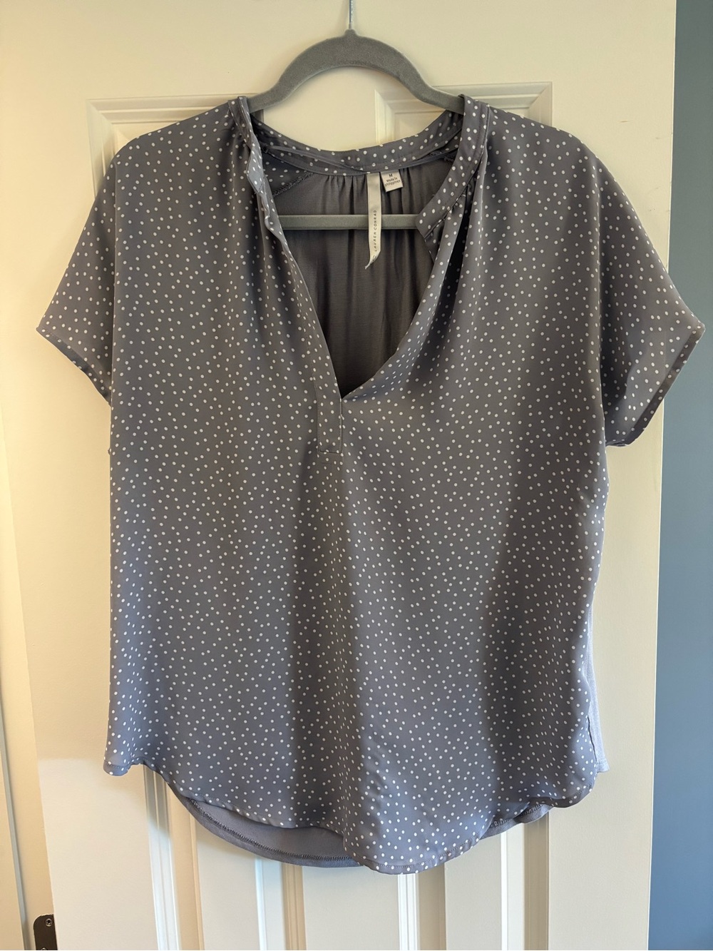 LC Lauren Conrad Gray Polka Dot V-Neck Blouse